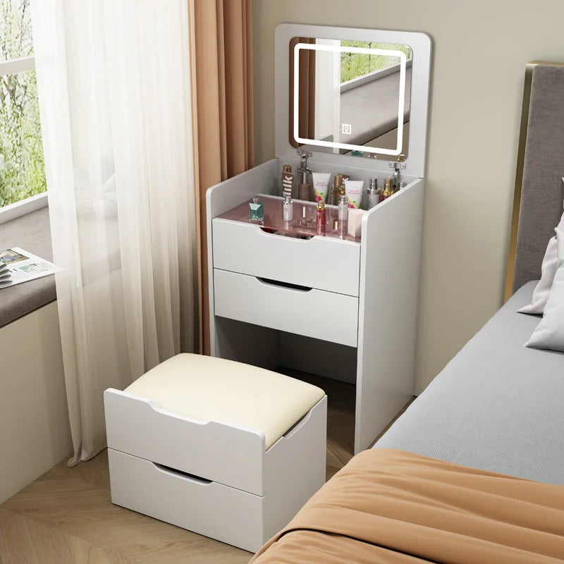 Modern Wood Makeup Vanity Table with LED Lights and Small Storage Cabinets for Bedroom Home Furniture