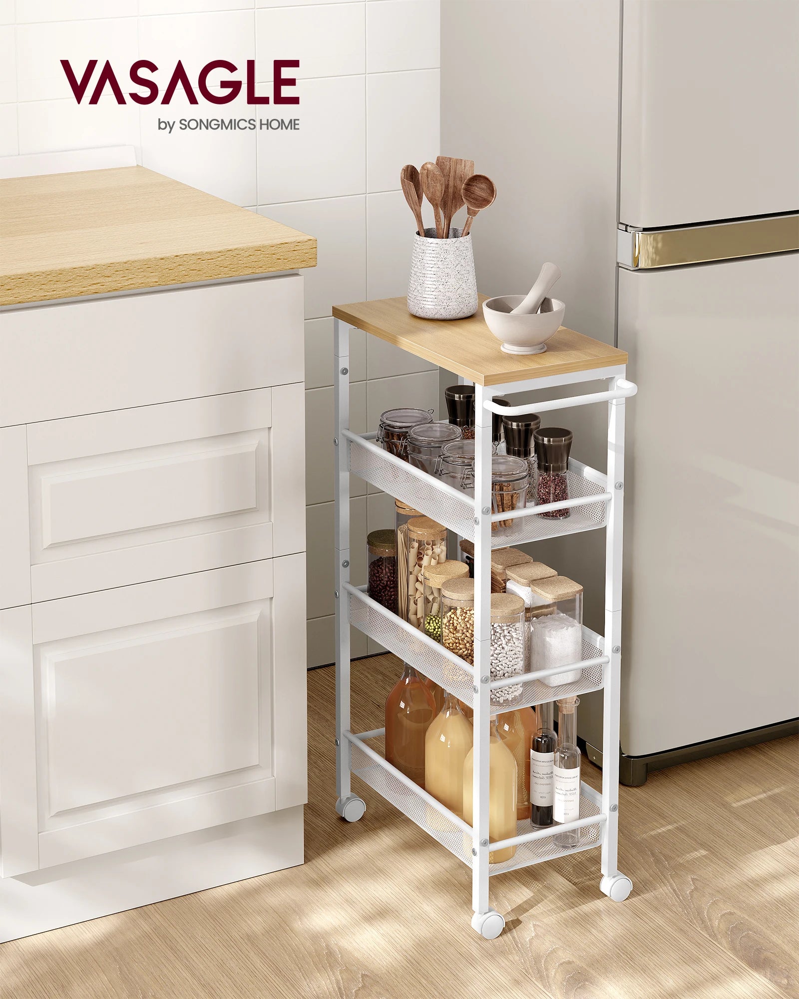 VASAGLE rolling cart 4 levels, narrow kitchen cart, niche shelf on wheels, steel, handle, 22 x 45.4 x 77 cm,  oak-white