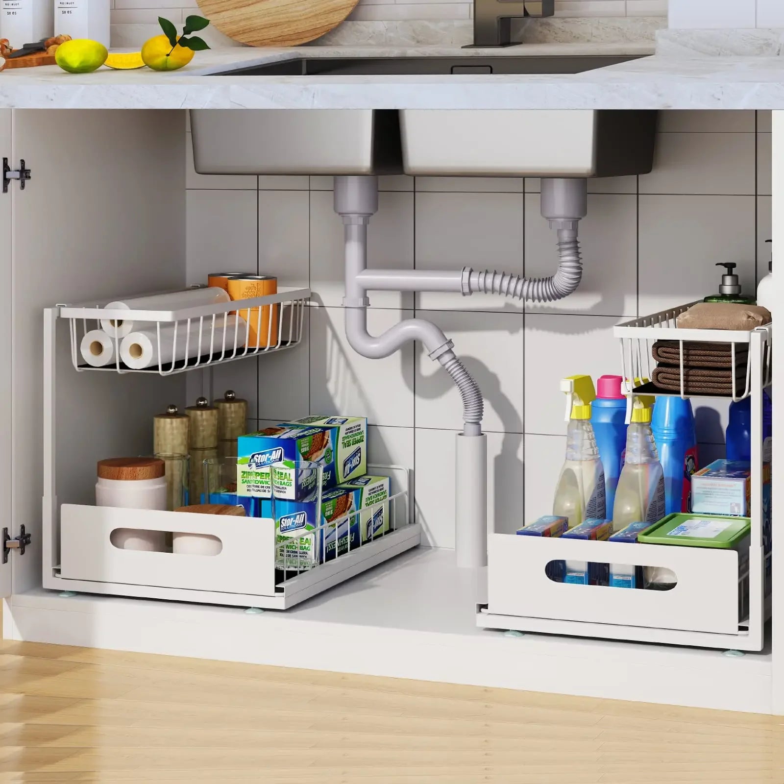 Under-Sink Sliding Storage Rack – Double Layer Bathroom & Kitchen Organizer