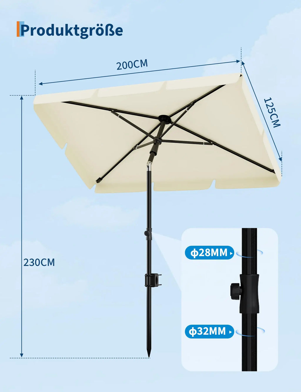 Sunshade 200x125 cm, UPF 50+ beach umbrella, height adjustable from 145-225 cm, foldable at 45°, with cover, sun protection
