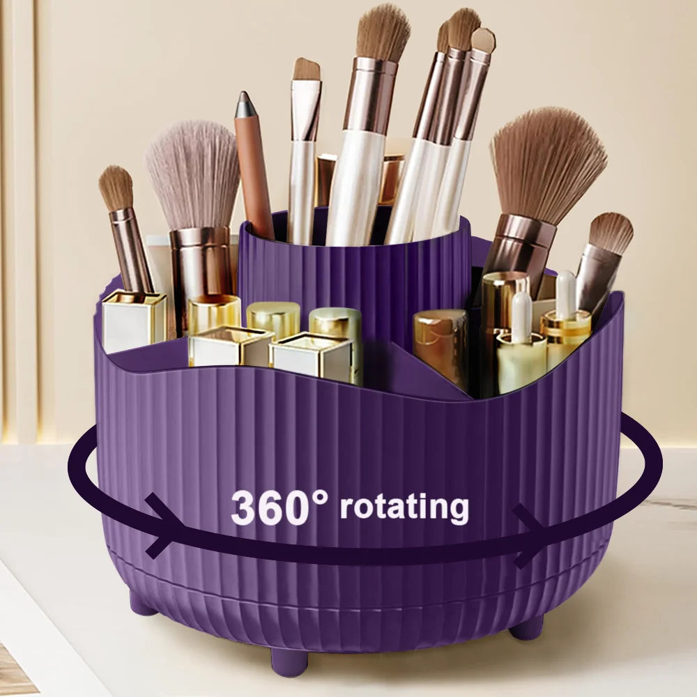 Rotating Makeup Organizer – 360° Cosmetic Display Carousel with Brush Holder & Perfume Tray