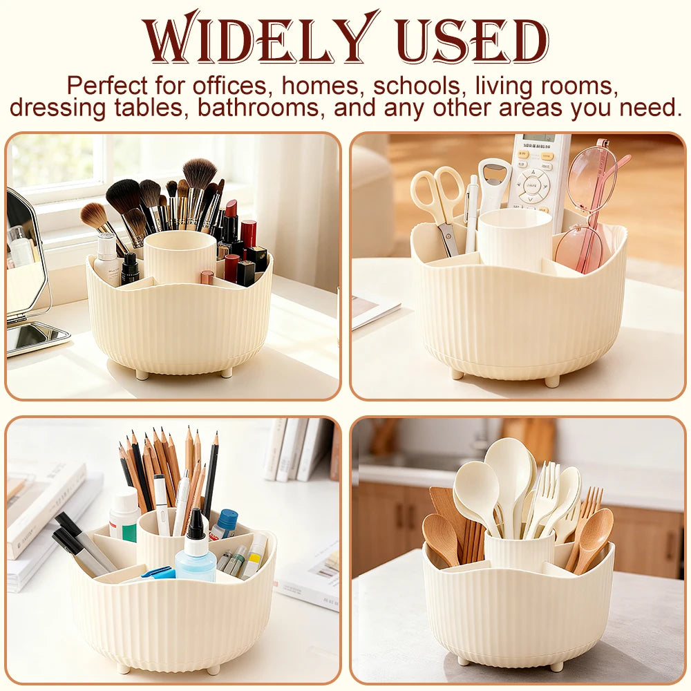 Rotating Makeup Organizer – 360° Cosmetic Display Carousel with Brush Holder & Perfume Tray
