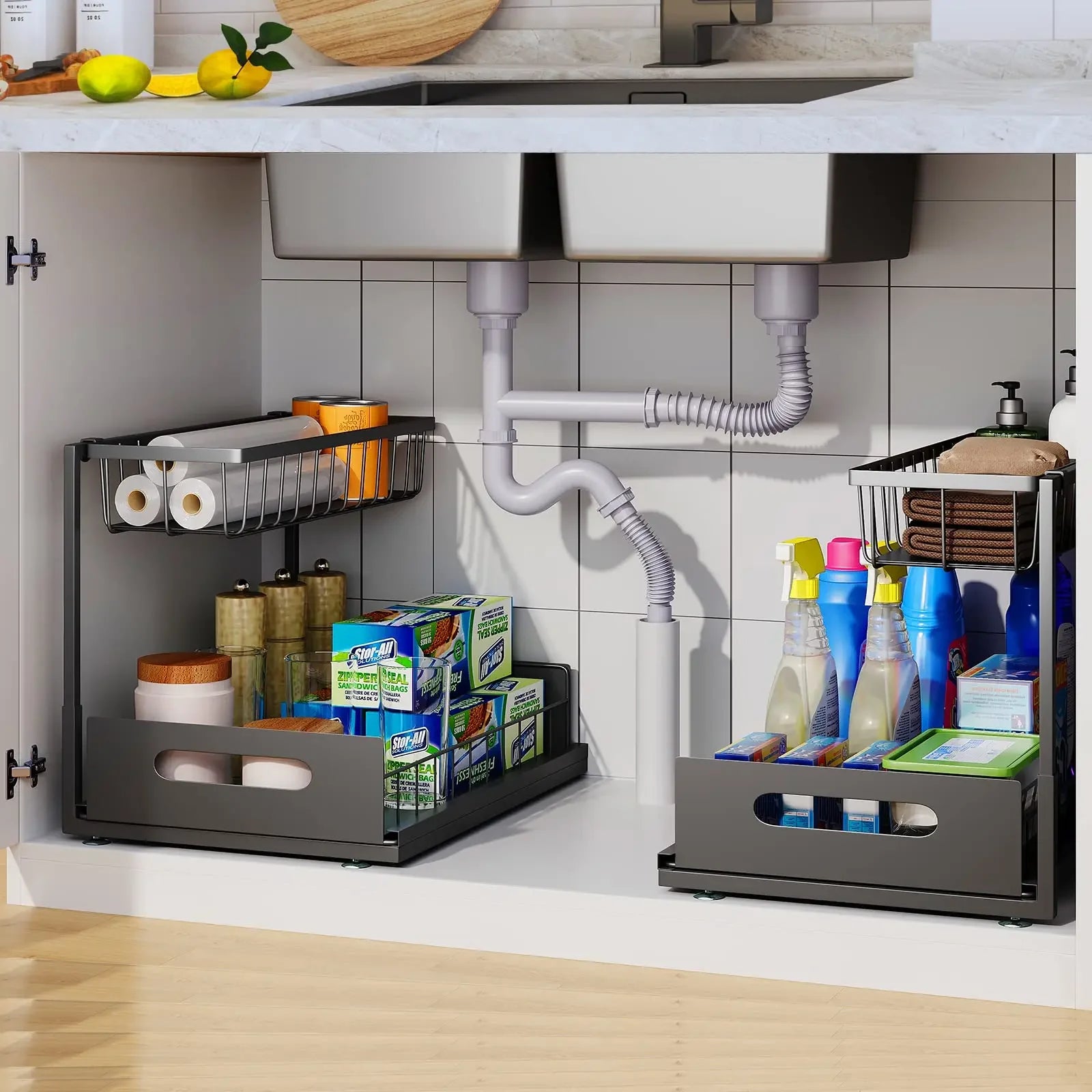 Under-Sink Sliding Storage Rack – Double Layer Bathroom & Kitchen Organizer