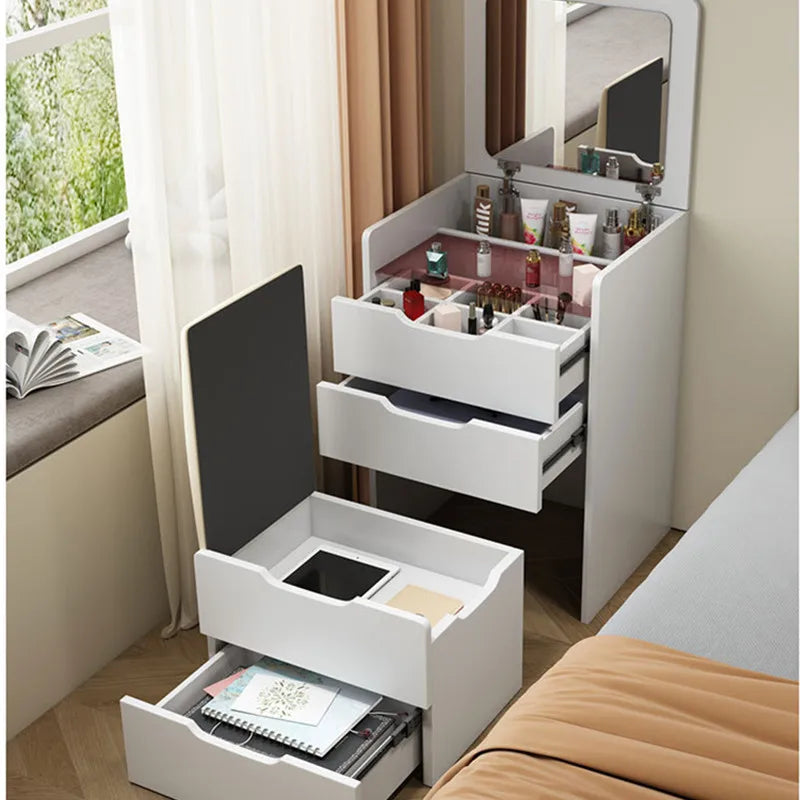 Modern Wood Makeup Vanity Table with LED Lights and Small Storage Cabinets for Bedroom Home Furniture