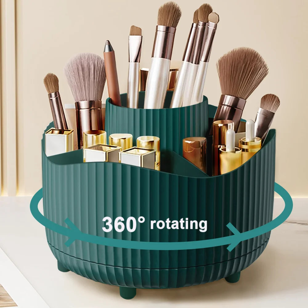 Rotating Makeup Organizer – 360° Cosmetic Display Carousel with Brush Holder & Perfume Tray