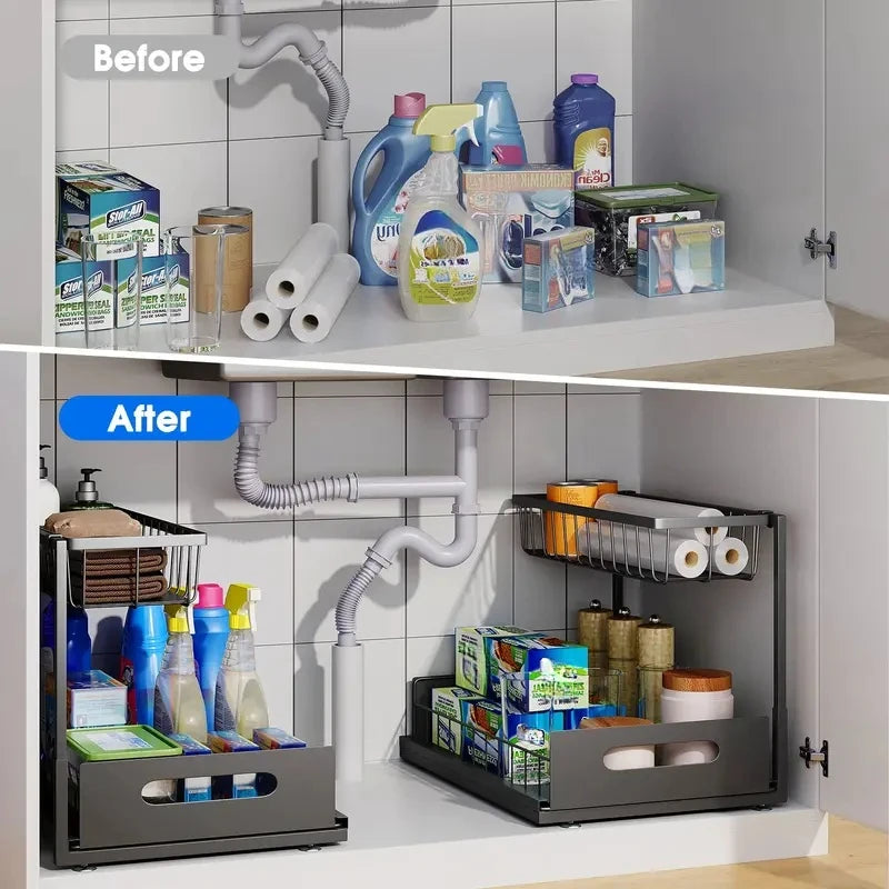 Under-Sink Sliding Storage Rack – Double Layer Bathroom & Kitchen Organizer