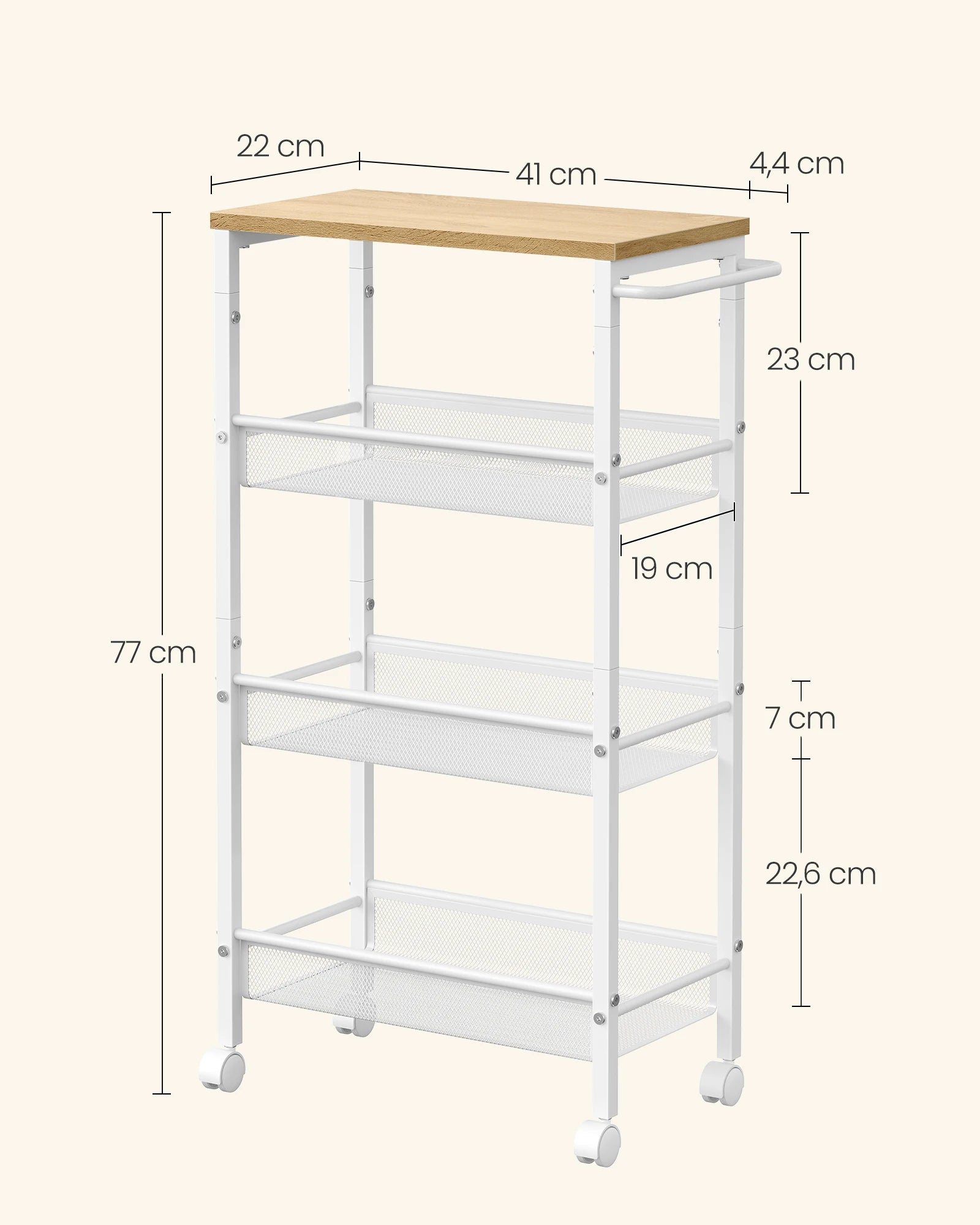 VASAGLE rolling cart 4 levels, narrow kitchen cart, niche shelf on wheels, steel, handle, 22 x 45.4 x 77 cm,  oak-white