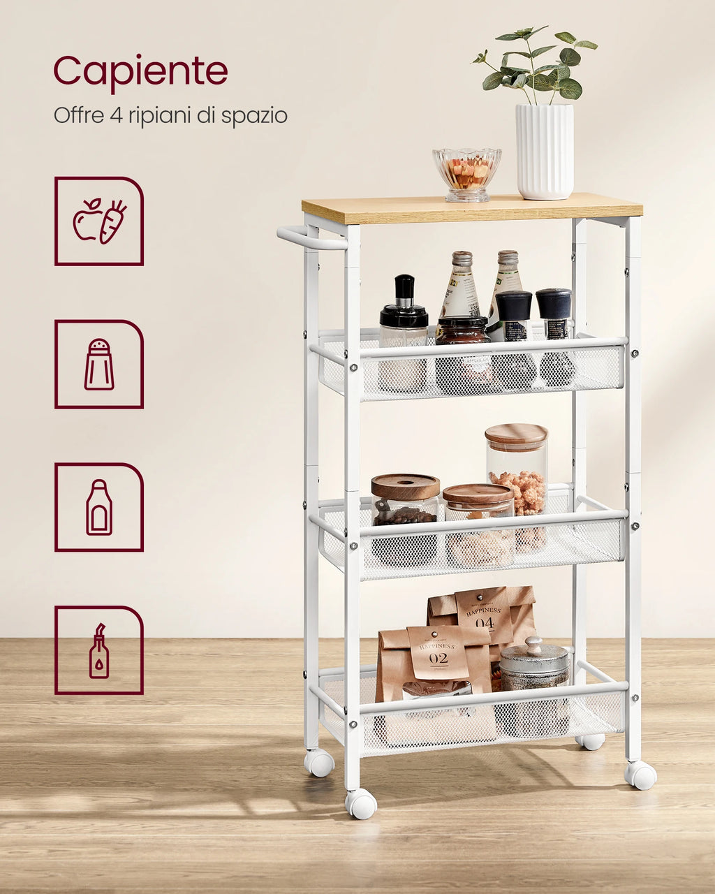 VASAGLE rolling cart 4 levels, narrow kitchen cart, niche shelf on wheels, steel, handle, 22 x 45.4 x 77 cm,  oak-white