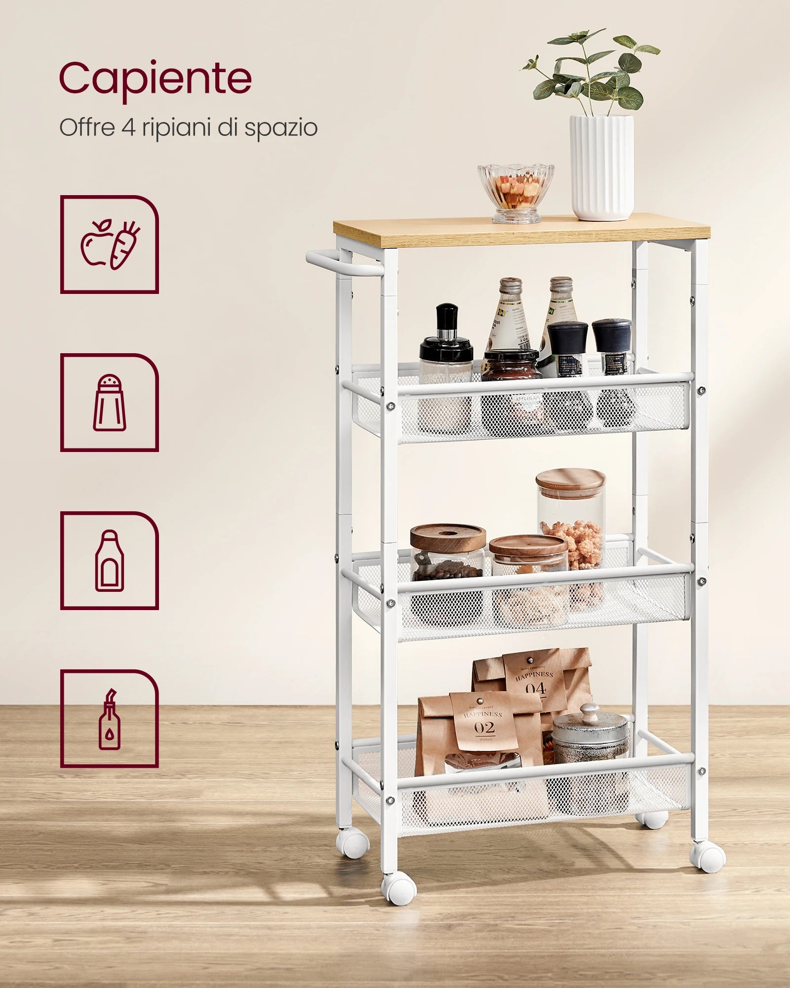 VASAGLE rolling cart 4 levels, narrow kitchen cart, niche shelf on wheels, steel, handle, 22 x 45.4 x 77 cm,  oak-white