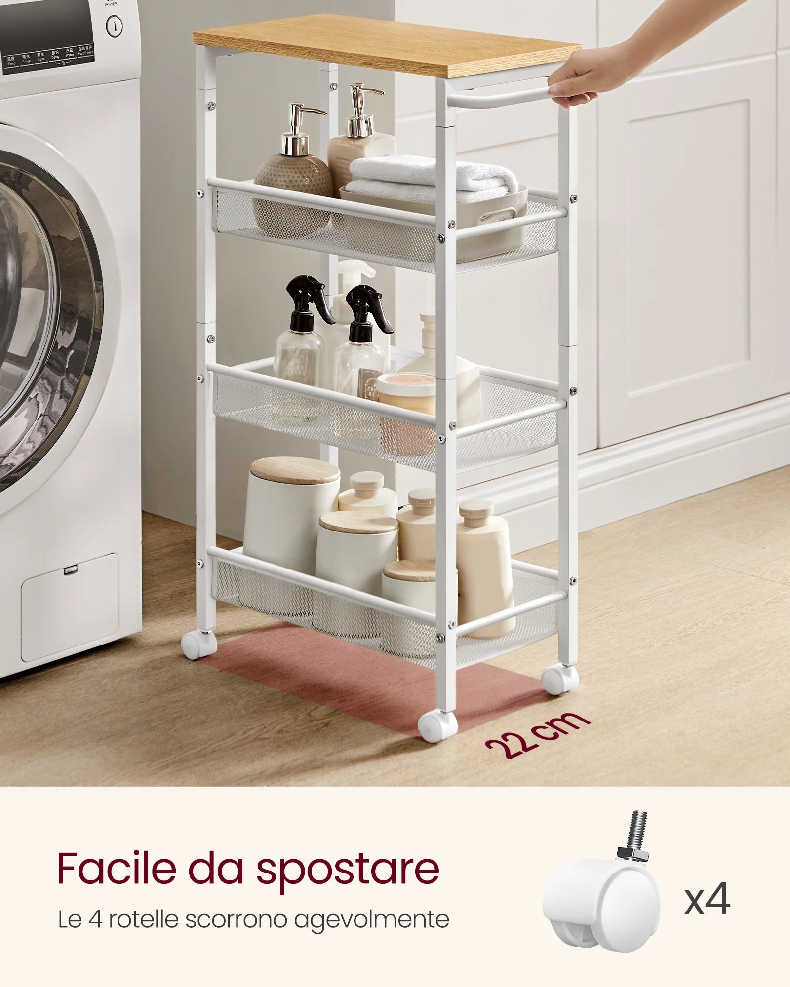 VASAGLE rolling cart 4 levels, narrow kitchen cart, niche shelf on wheels, steel, handle, 22 x 45.4 x 77 cm,  oak-white