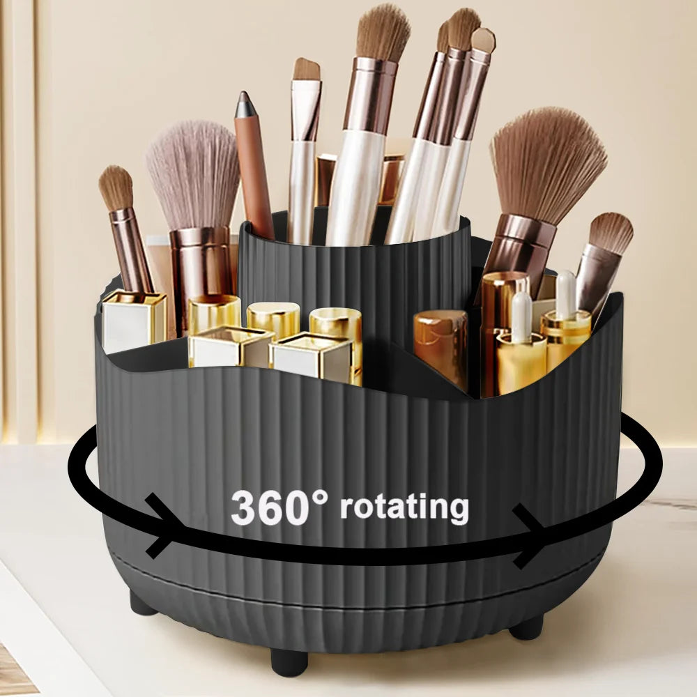 Rotating Makeup Organizer – 360° Cosmetic Display Carousel with Brush Holder & Perfume Tray