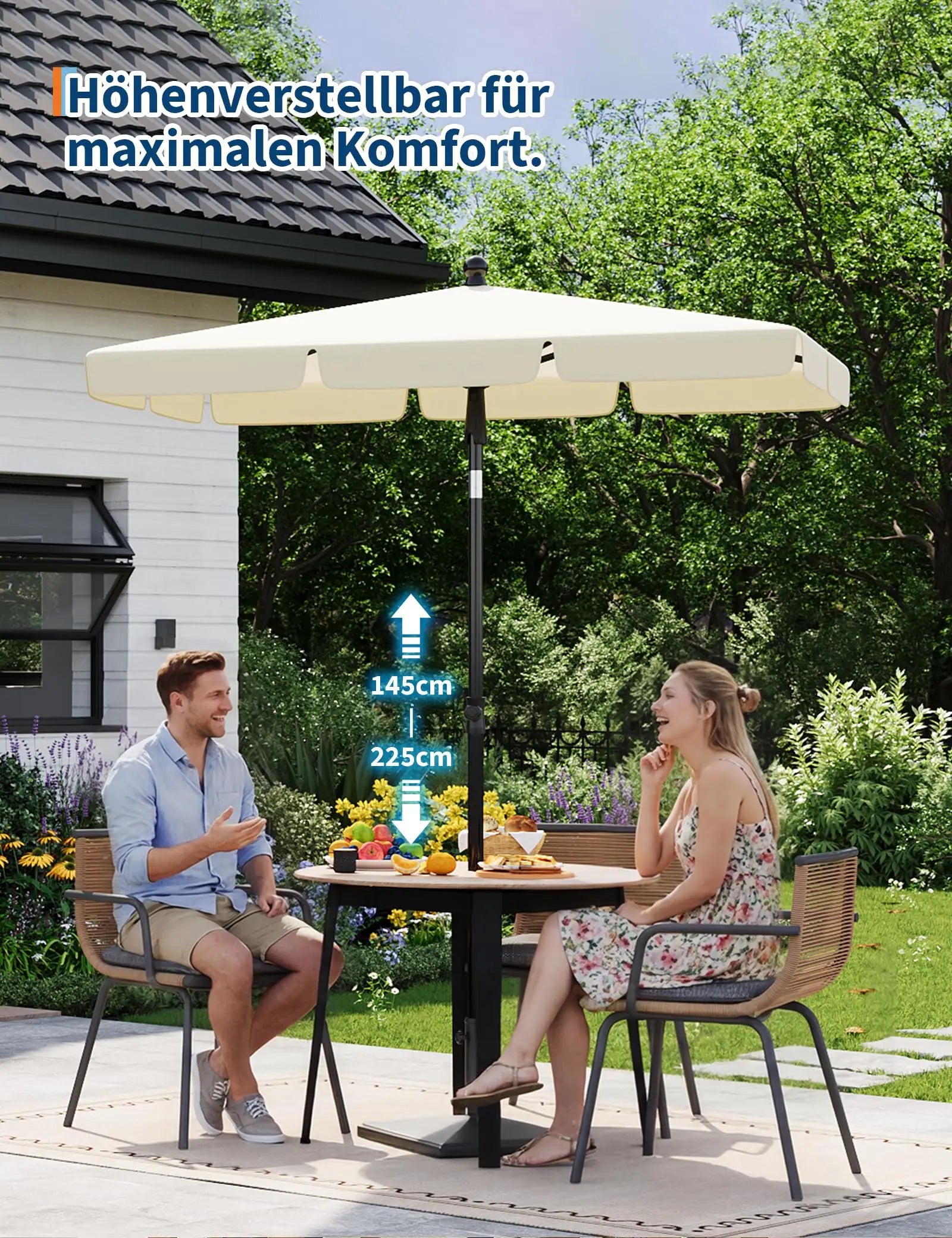 Sunshade 200x125 cm, UPF 50+ beach umbrella, height adjustable from 145-225 cm, foldable at 45°, with cover, sun protection