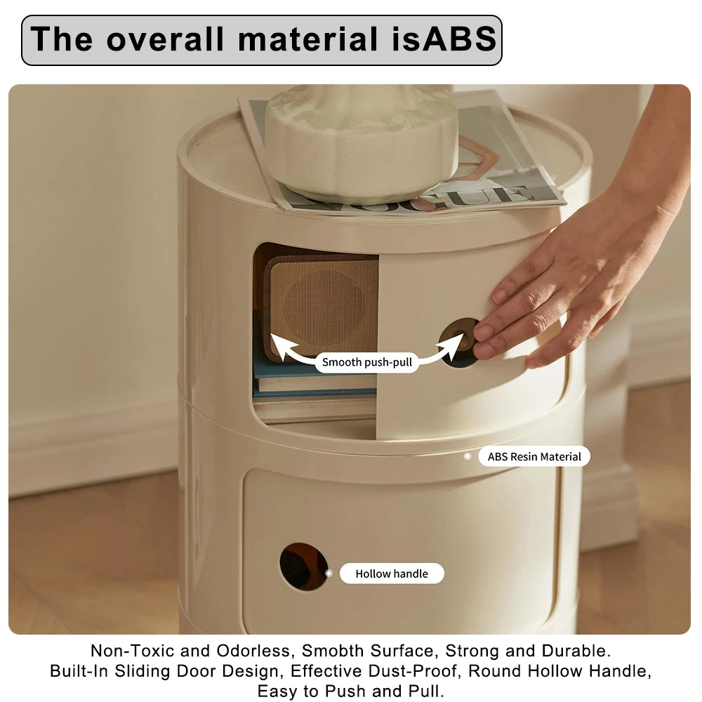 Podofo Plastic Round Bedside Nightstand with Drawers Practical Storage Box Cabinet Nightstand Chic Decor for Bedroom Living Room Modern Furniture Design Multi-Layer Storage