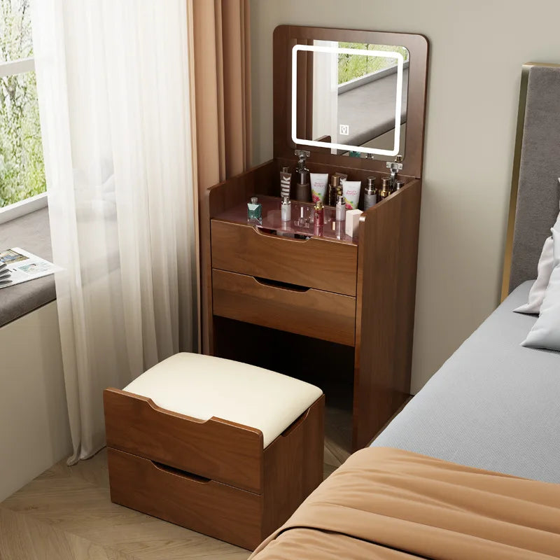 Modern Wood Makeup Vanity Table with LED Lights and Small Storage Cabinets for Bedroom Home Furniture