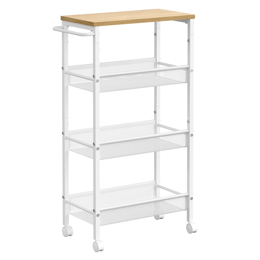 VASAGLE rolling cart 4 levels, narrow kitchen cart, niche shelf on wheels, steel, handle, 22 x 45.4 x 77 cm,  oak-white
