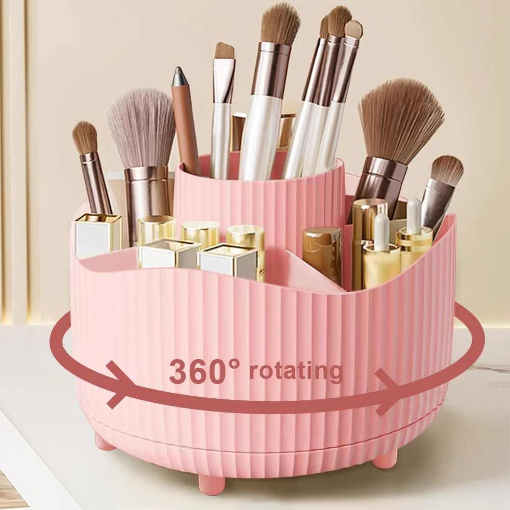 Rotating Makeup Organizer – 360° Cosmetic Display Carousel with Brush Holder & Perfume Tray