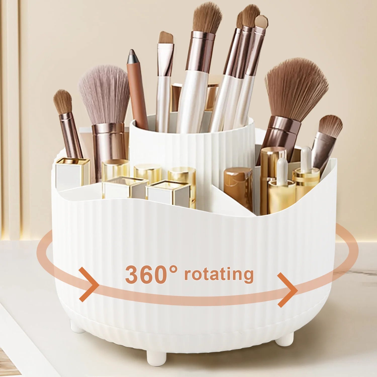 Rotating Makeup Organizer – 360° Cosmetic Display Carousel with Brush Holder & Perfume Tray