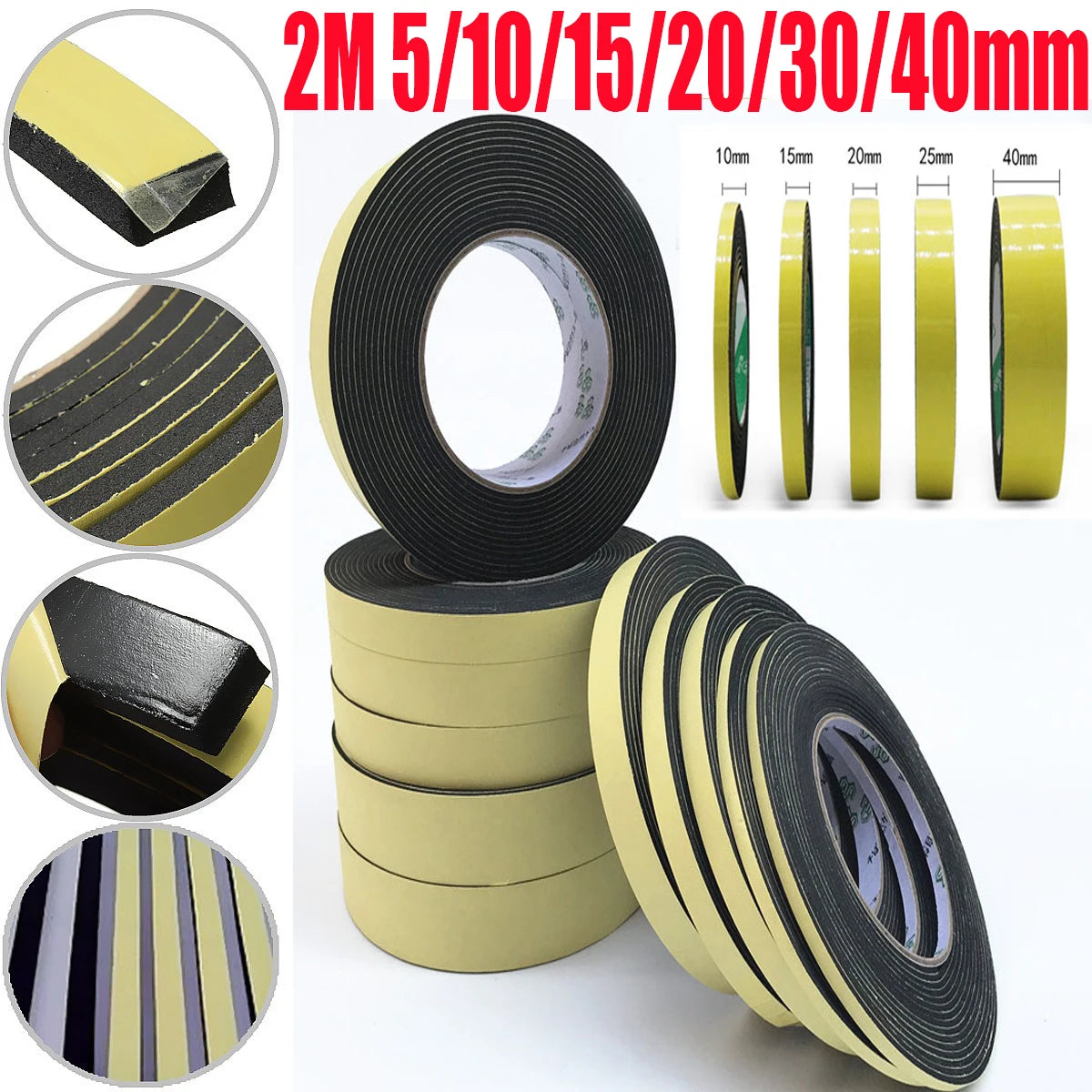 2M 5/10/15/20/30/40mm Door Seal Strip Single Sided Adhesive Waterproof Stripping Foam Sponge Rubber Strip Tape For Window Seal