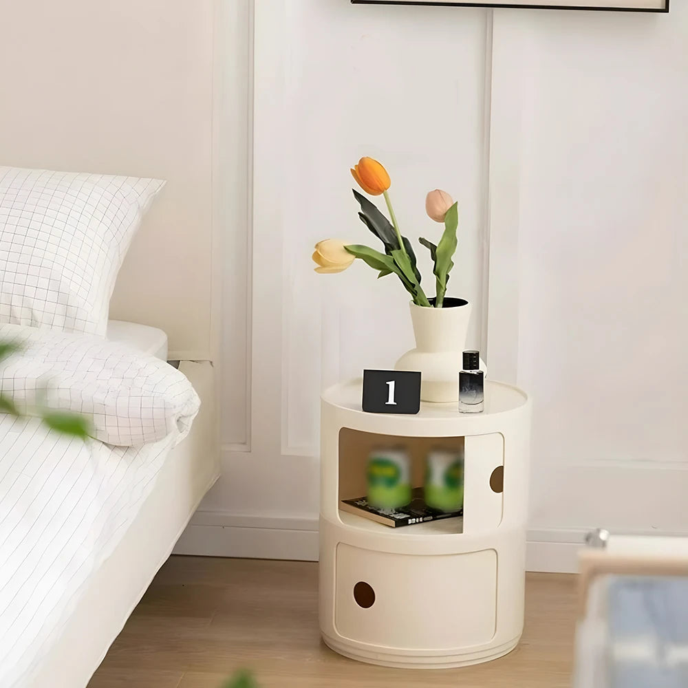 Podofo Plastic Round Bedside Nightstand with Drawers Practical Storage Box Cabinet Nightstand Chic Decor for Bedroom Living Room Modern Furniture Design Multi-Layer Storage