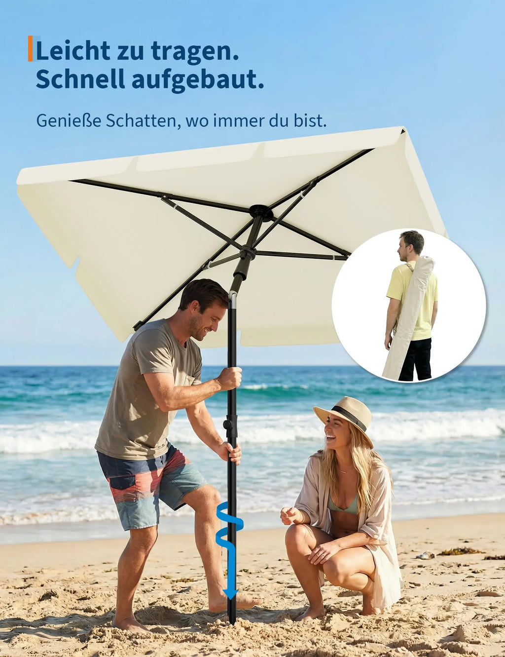 Sunshade 200x125 cm, UPF 50+ beach umbrella, height adjustable from 145-225 cm, foldable at 45°, with cover, sun protection