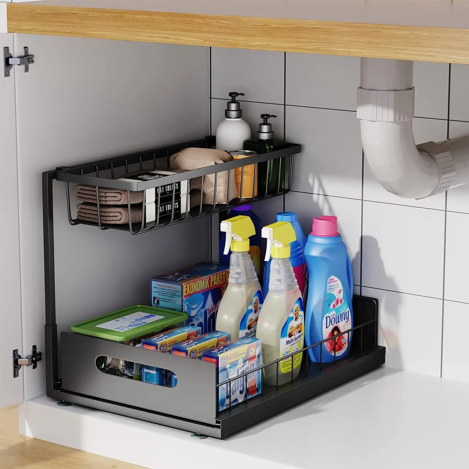 Under-Sink Sliding Storage Rack – Double Layer Bathroom & Kitchen Organizer