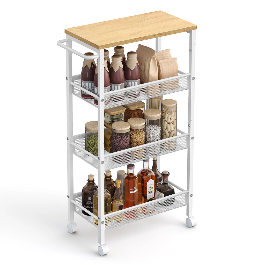VASAGLE rolling cart 4 levels, narrow kitchen cart, niche shelf on wheels, steel, handle, 22 x 45.4 x 77 cm,  oak-white