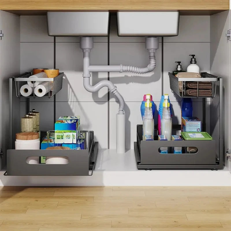 Under-Sink Sliding Storage Rack – Double Layer Bathroom & Kitchen Organizer