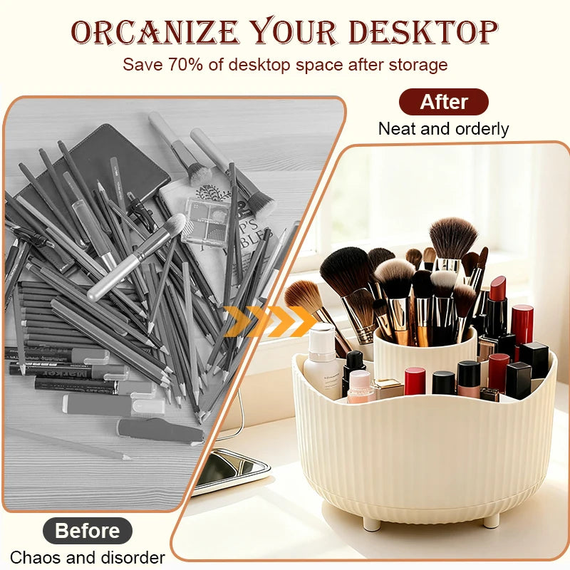 Rotating Makeup Organizer – 360° Cosmetic Display Carousel with Brush Holder & Perfume Tray