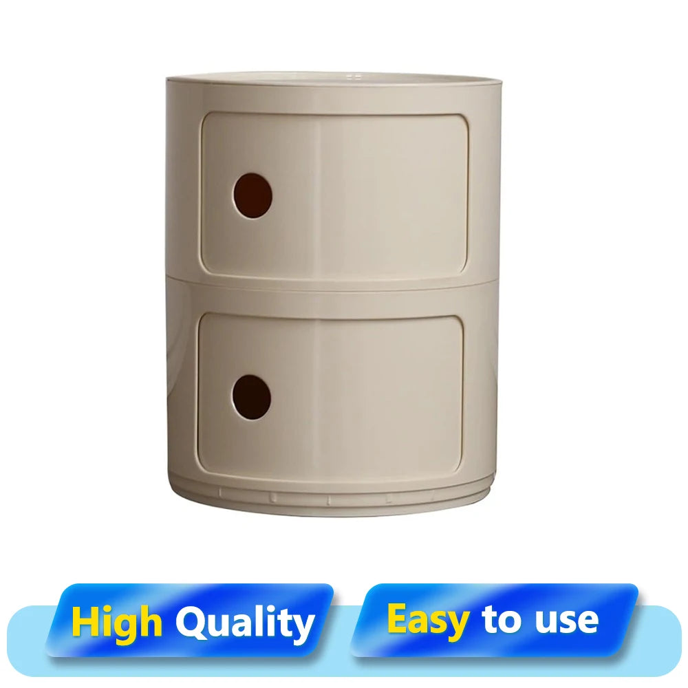 Podofo Plastic Round Bedside Nightstand with Drawers Practical Storage Box Cabinet Nightstand Chic Decor for Bedroom Living Room Modern Furniture Design Multi-Layer Storage