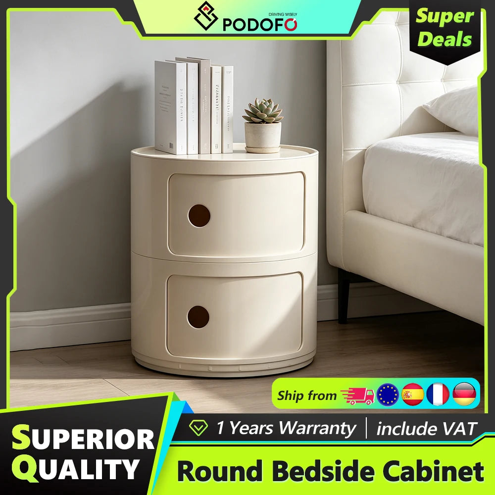 Podofo Plastic Round Bedside Nightstand with Drawers Practical Storage Box Cabinet Nightstand Chic Decor for Bedroom Living Room Modern Furniture Design Multi-Layer Storage