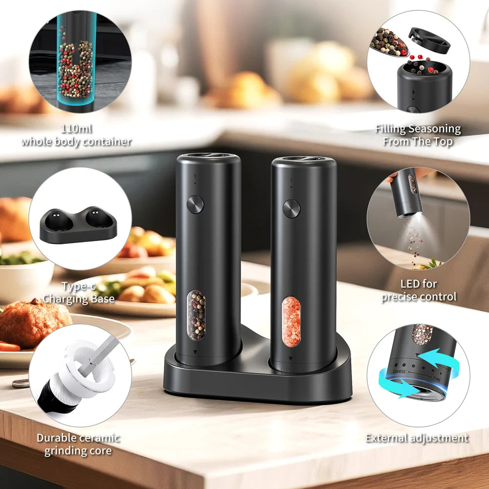 Electric Pepper & Salt Grinder – USB Rechargeable, Adjustable Coarseness